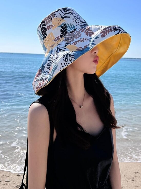 Women Wide Brim Summer Sun Hat Wired Edge Beach Bucket Fishing Hats Yellow main image 7